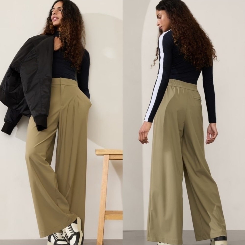 Athleta Pinnacle Trousers Olive Branch Green  High Rise Wide Leg 16 Athleisure